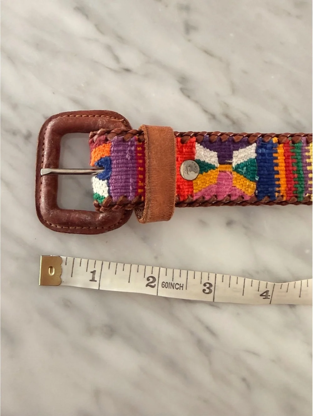 Handwoven Multicolor Textile and Leather Belt